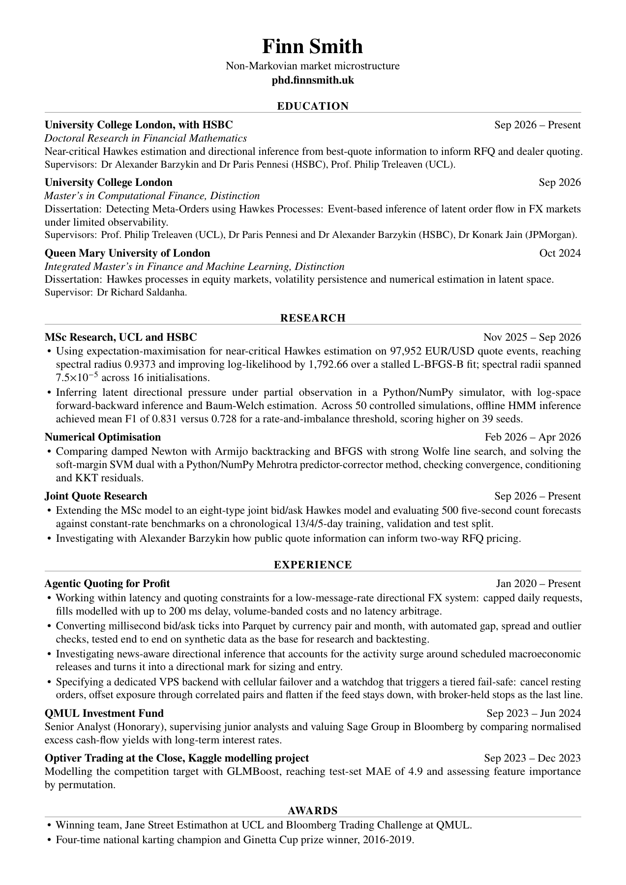 Finn Smith’s one-page CV, with Education, Research, Experience and Awards. The PDF contains selectable text.
